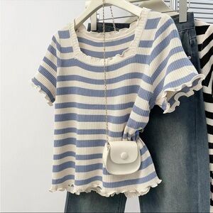 Striped Ruffle Edge Knit Top - Blue & Cream